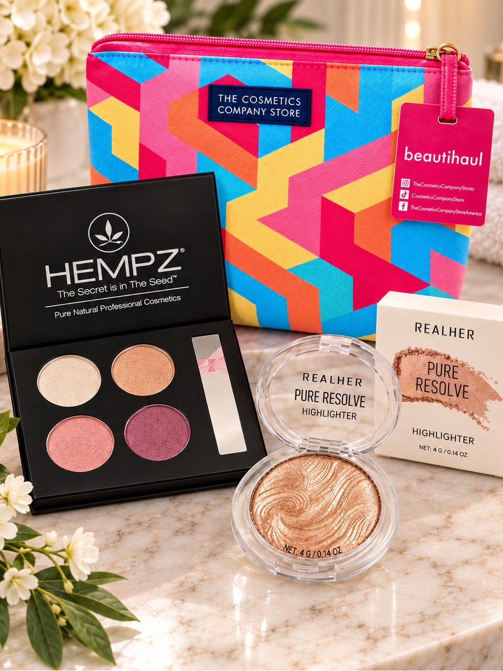 Beauty Bundle HEMPZ Palette + REALHER Highlighter + Beautihaul Makeup Bag